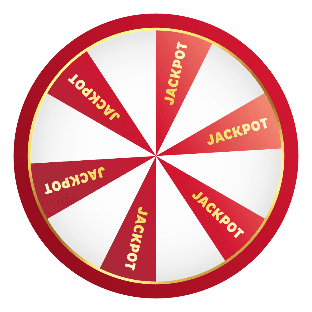 Ett rött och vitt snurrande prishjul uppdelat i 8 lika stora segment, vart och ett märkt "JACKPOT" i guldtext. Segmenten växlar i rött och vitt med en guldkant runt hjulet. Bakgrunden är transparent.